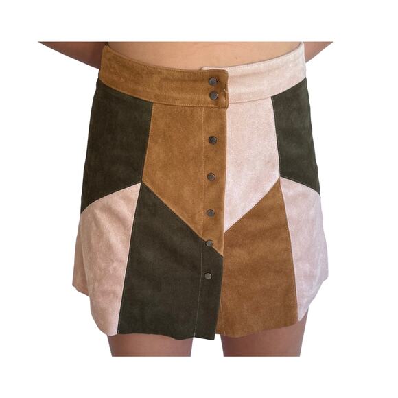 RAGA Dresses & Skirts - Raga Color block Faux Suede Patchwork Micro Mini Skirt Small Retro Vibes